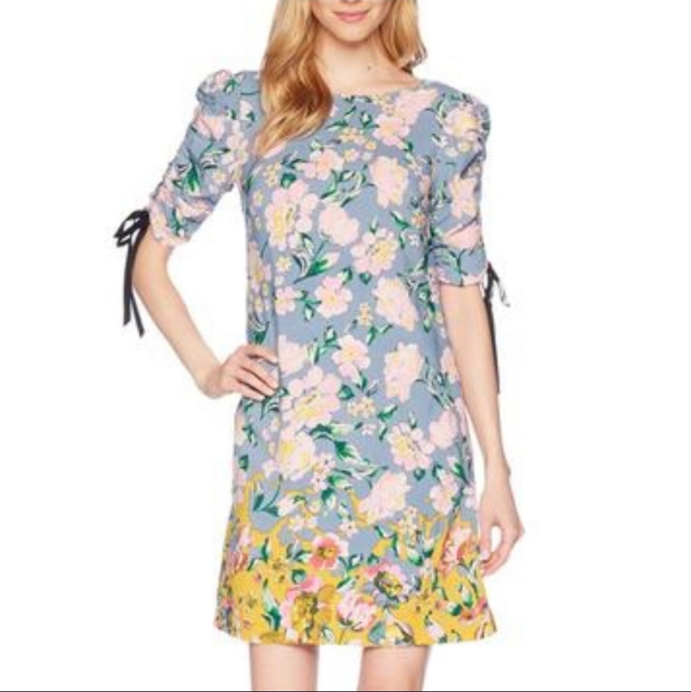 Donna Morgan Blue Floral Ruched Sleeve Anthro Dress 16